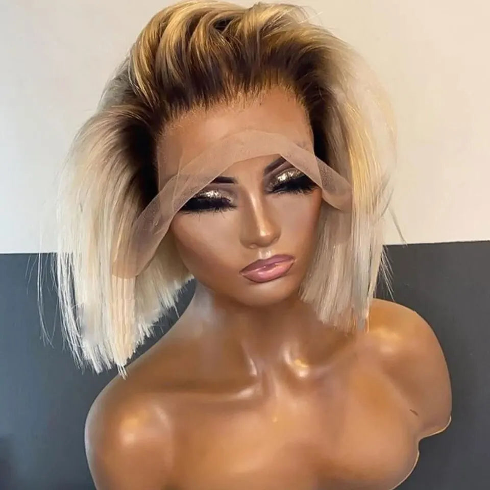 Short Bob Wig Ombre Blonde Lace Front Synthetic Wigs - Yayo